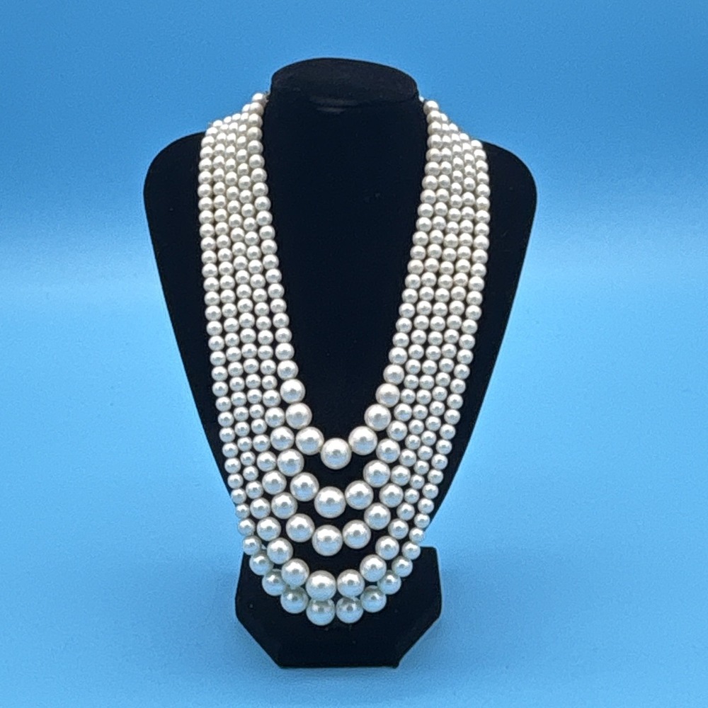Vintage 1960s 5 Strand Faux Pearl Bib Necklace Adjustable J-Hook Clasp